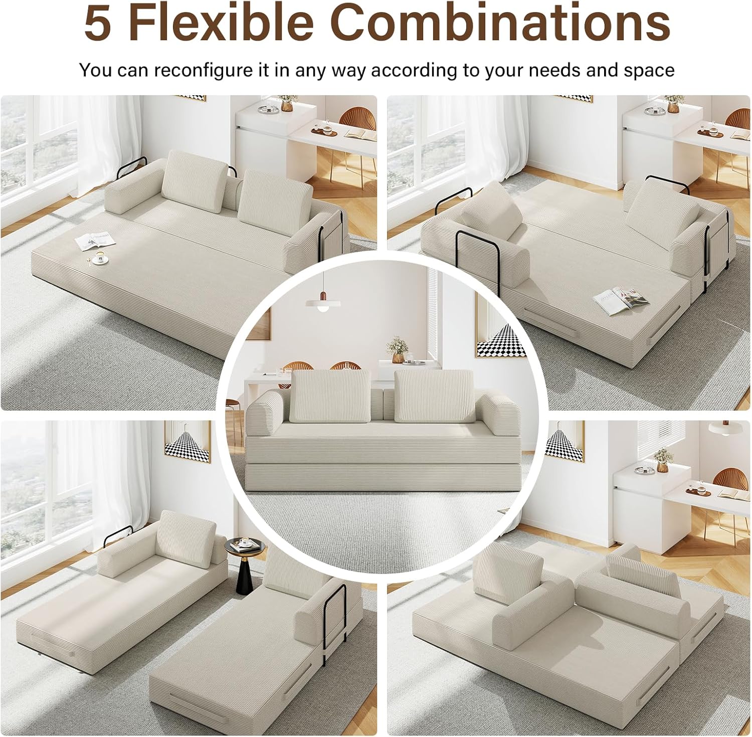 78'' Sleeper Couch Bed for Living Room, Convertible Modular Sofa with Fixed Frame and Side Pocket, Corduroy Futon Boneless Couches in a Box, No Assembly, Beige