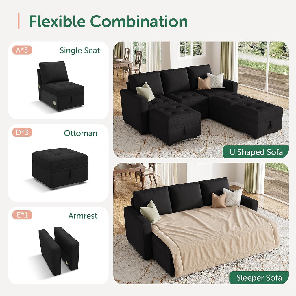 HONBAY Modular Sectional Couch Sleeper Sofa Bed with Storage Seats Oversized Sectional Couches for Living Room,Black