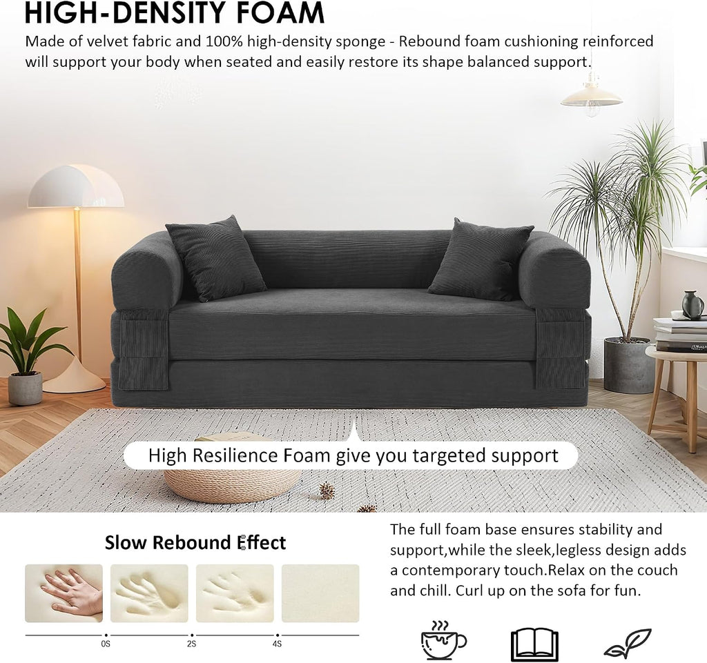 80' Convertible Sofa Bed, Corduroy Deep Seat Folding Pull Out Couch with Pillows, No Assembly Modern Boneless Couch Compression Sofa in Box, Floor Sofa with Storage Pocket for Living Room,Dark Grey