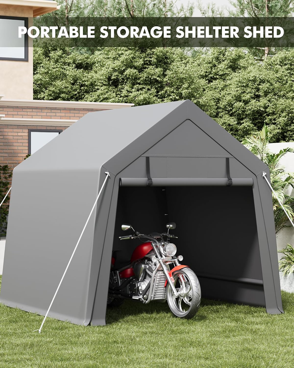 GarveeLife 6 x 6 ft Carport Storage Shed, Portable Garage with Roll-up Zipper Door, Heavy Duty Waterproof Tarp, Storage for Motorcycle, Bike, Firewood, Garden Tools