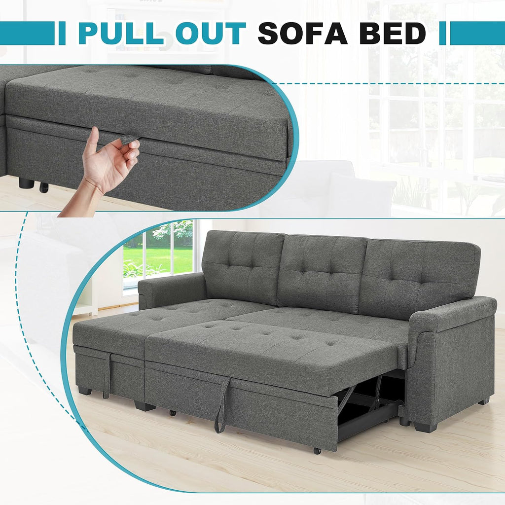L Shaped 3 Seat Sofa Bed with Storage, 86' Sleeper Sofa Couch with Pull Out Chaise Sectional Couch for Apartment, Bedroom, Living Room, Gray