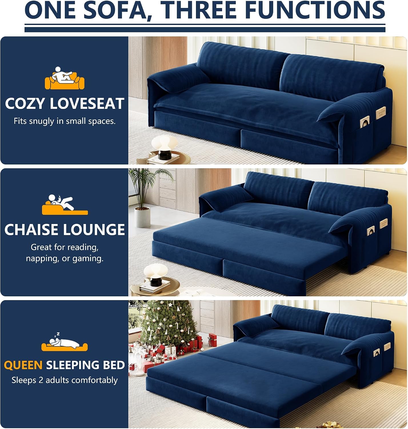 63.8' Sofa Bed Queen Size, Pull Out Couch Bed, 3-in-1 Convertible Sleeper Sofa with Side Pocket, Modern Velvet Futon Couch for Living Room, Small Space, Apartment, Bedroom, Blue