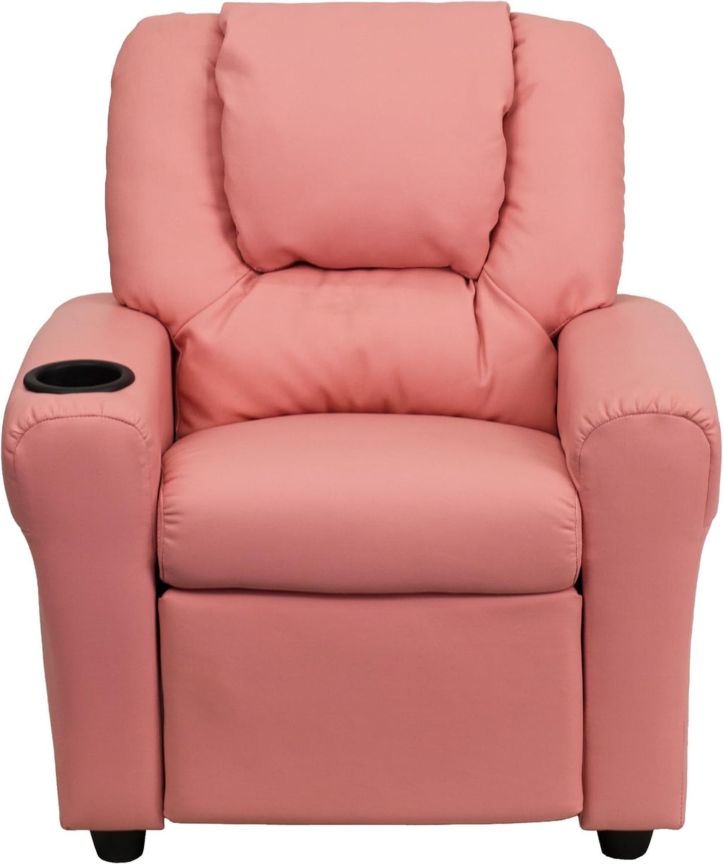 EMMA + OLIVER Pink Vinyl Kids Recliner with Cup Holder and Headrest