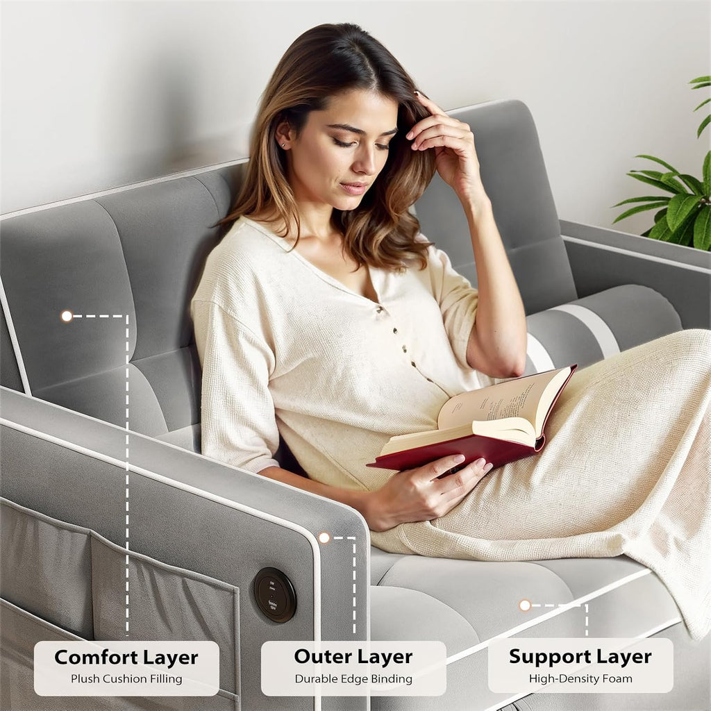 Pipishell 3 in 1 Convertible Sleeper Sofa Bed,Pull Out Couch for Living Room with USB Ports & Side Pockets,Adjustable Backrest,Velvet,Loveseat Sofa Bed,Futon Couches, Grey