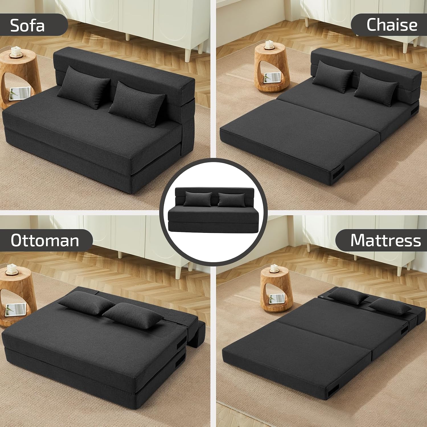 SUYOLS Folding Sofa Bed with Pillows- Convertible Chair Floor Couch & Sleeping Mattress, Foldable Memory Foam Sleeper for Living Room/Dorm/Guest Room/Home Office/Apartment/Loft, Full, Dark Gray