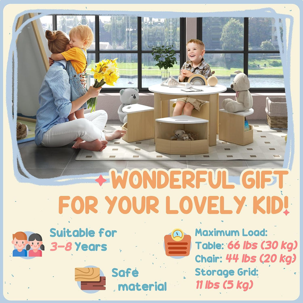 Qaba Toddler Table and Chairs Set, 5 Pieces Round Kids Activity Table with Storage for Play, Art, Craft, Drawing, Playroom, Classroom, Nursery, White