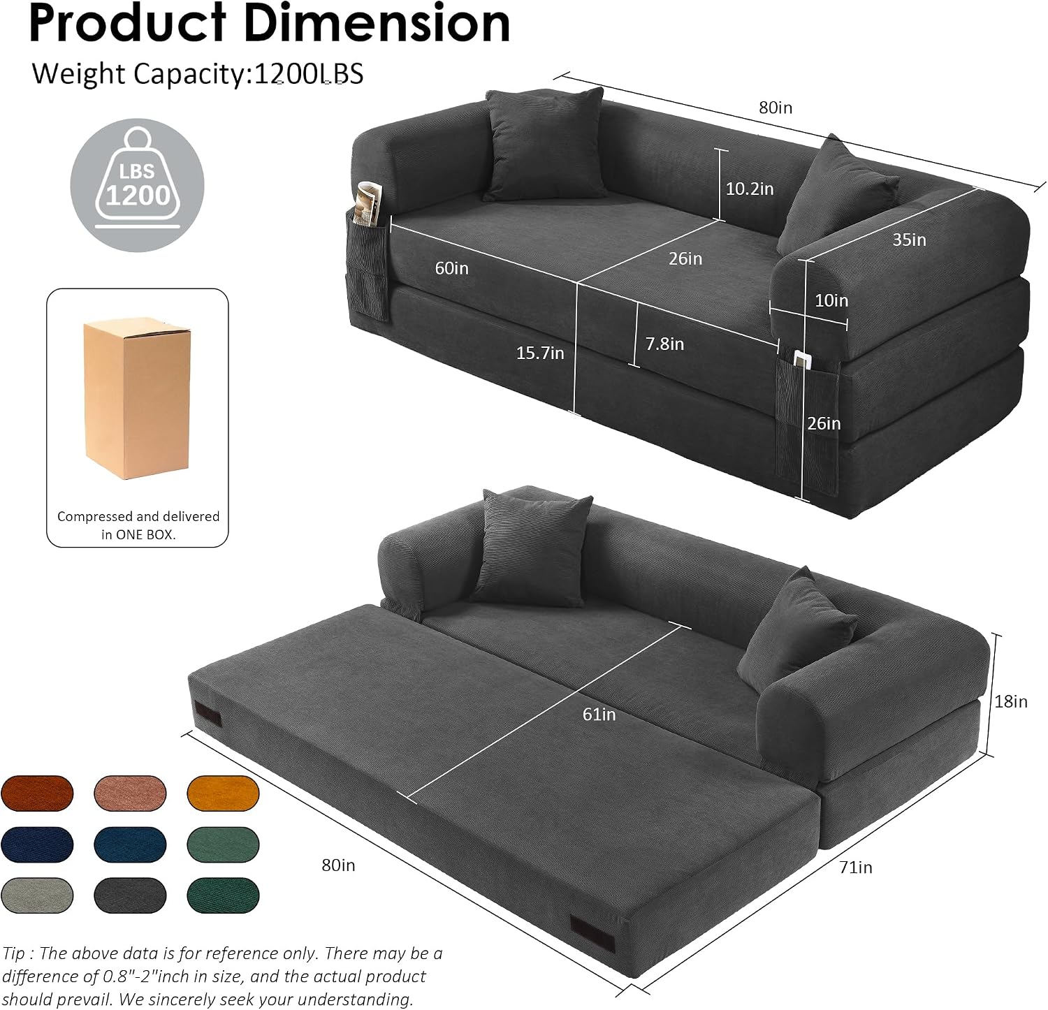80' Convertible Sofa Bed, Corduroy Deep Seat Folding Pull Out Couch with Pillows, No Assembly Modern Boneless Couch Compression Sofa in Box, Floor Sofa with Storage Pocket for Living Room,Dark Grey