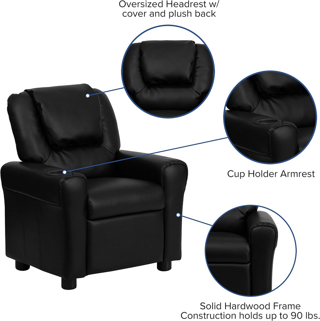 EMMA + OLIVER Black LeatherSoft Kids Recliner with Cup Holder and Headrest