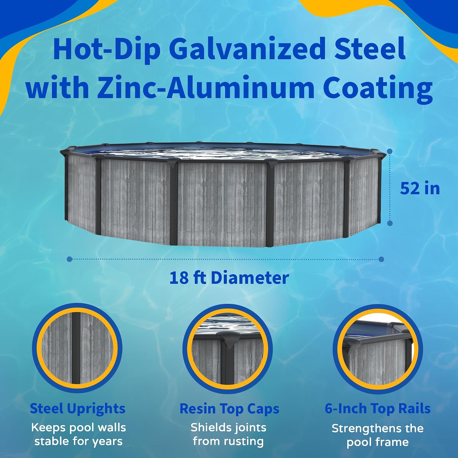 Blue Wave San Pedro 18-ft Round 52-in Deep Above Ground Swimming Pool – Steel Top Rails, Sand Filter, Skimmer, Liner, A-Frame Ladder & Maintenance Kit – Complete Outdoor Pool Accessories