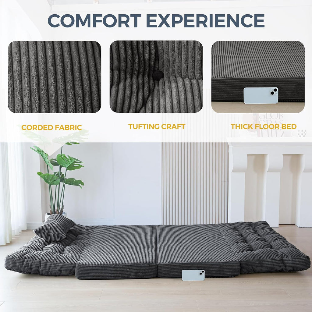 MAXYOYO Folding Sofa Bed, Tufted Bean Bag Bed with Pillows Floor Mattress for Adults, Extra Thick and Long Floor Sofa, Twin Couch Bed for Bedroom Living Room, Dark Grey, 39x91 Inch