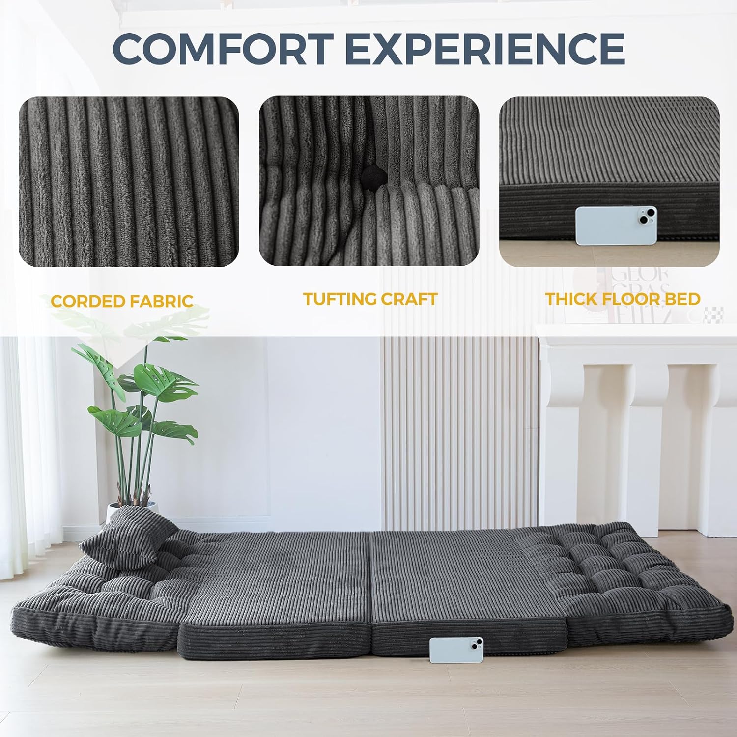 MAXYOYO Folding Sofa Bed, Tufted Bean Bag Bed with Pillows Floor Mattress for Adults, Extra Thick and Long Floor Sofa, Twin Couch Bed for Bedroom Living Room, Dark Grey, 39x91 Inch