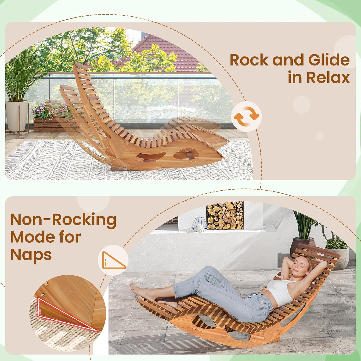 RELAX4LIFE Rocking Chaise Lounge Chair - Acacia Wood Sun Lounger w/Slatted Seat & Bottom Stopper, Indoor Outdoor Rocker for Pool Porch Patio, 350LBS Capacity, Wooden Rocking Lounge Chair (1, 23.5'')