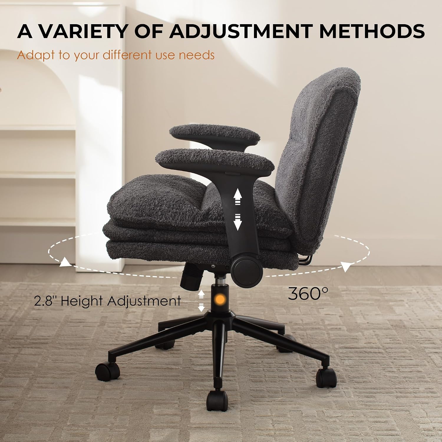 Dowinx Criss Cross Chair with Adjustable Flip-up Arms and Wheels, Comfort Ergonomic Office Desk Armchair with 3 Layer Cushions, Wide Seat Vanity Chair for Home Office, Living Room, Bedroom, Black