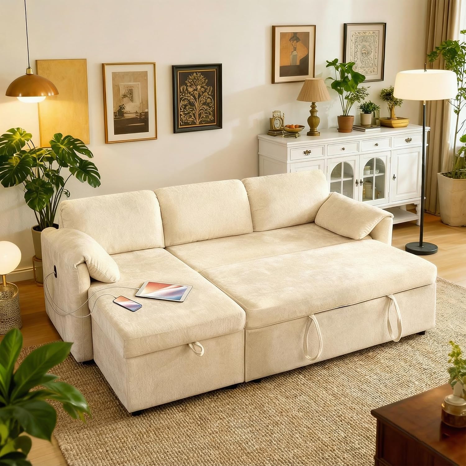 Tbfit 83'' 3 in 1 Sleeper Sofa Couch with USB & Storage Chaise, Cloud Sofa Bed with Pull Out Bed, Chenille Convertible Sleeper Sofas for Living Room, Small Spaces, Beige