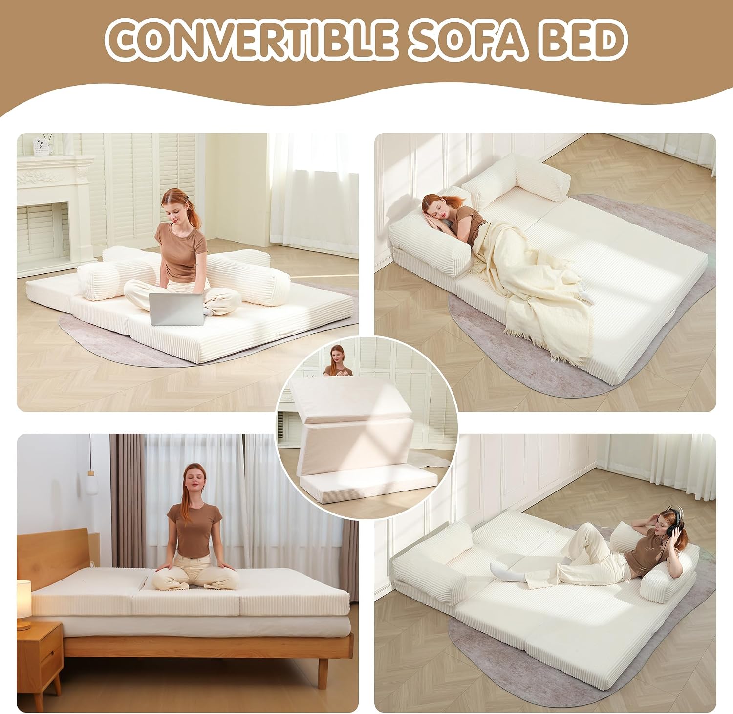 5-in-1 Convertible Sofa Bed Queen,Tri-Fold Mattress with Removable L-Shaped Armrests,Corduroy Boneless Couch Floor Sofa Futon Couch Sleeper with Pull Out Bed for Living Room Bedroom Apartment