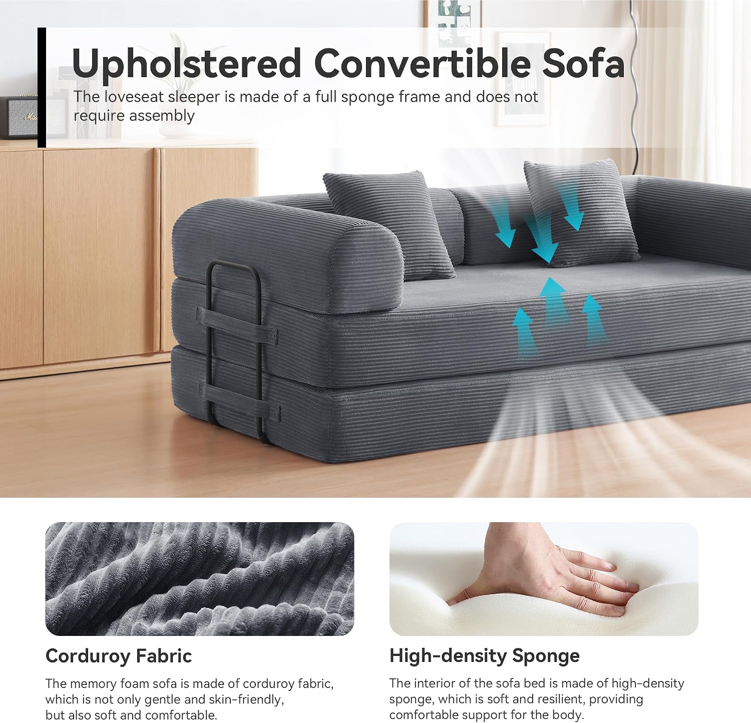 Sofa Bed, Corduroy Sleeper Sofa Bed with Fixed Frame, Floor Sofa Lounge with Pillow, Convertible Folding Mattress Couch for Living Room, Bedroom, Lounge, Studio (Dark Gray)