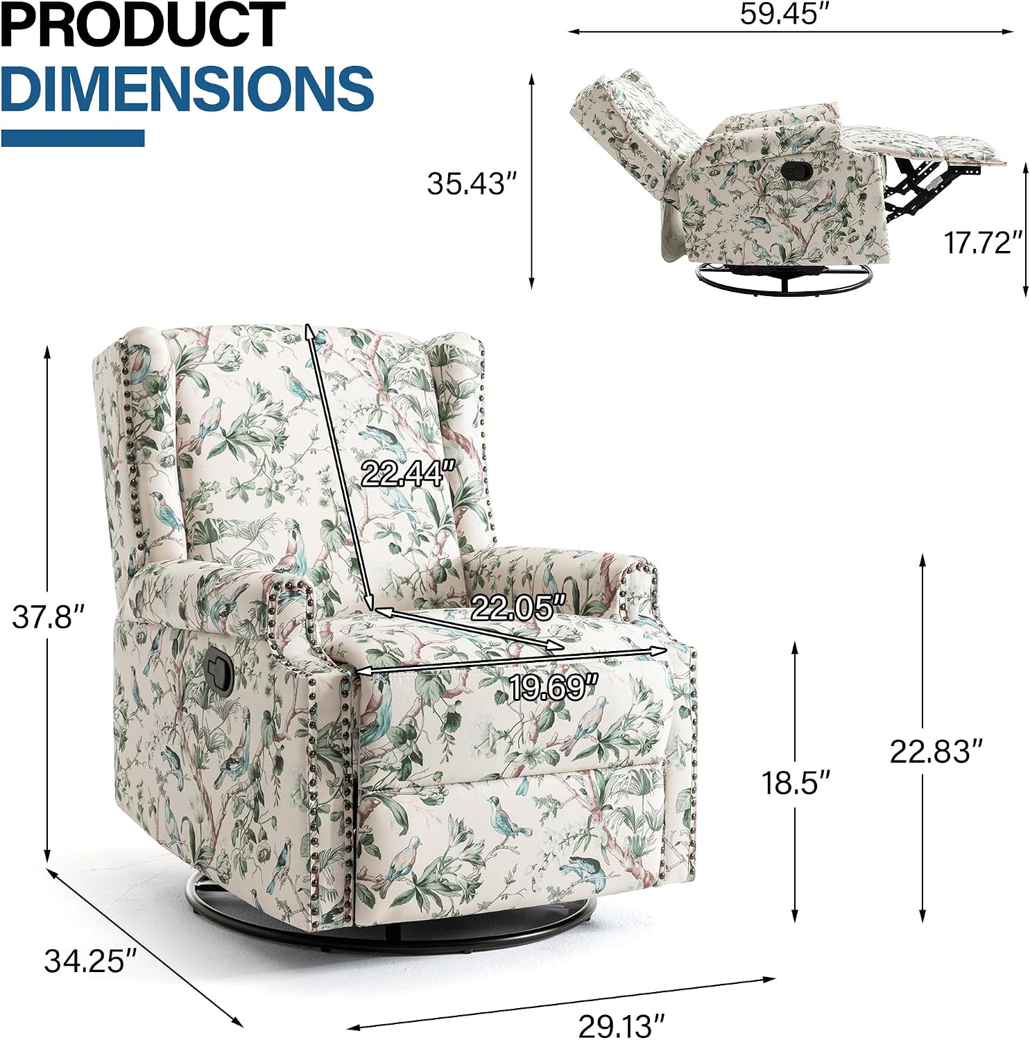 Lumibee Swivel Rocker Recliner Chairs, Set of 2 Printed Fabric Swivel Glider Rocking Chair with High Back, Upholstered Deep Seat Wingback Recliner Chair for Living Room Bedroom, Bird