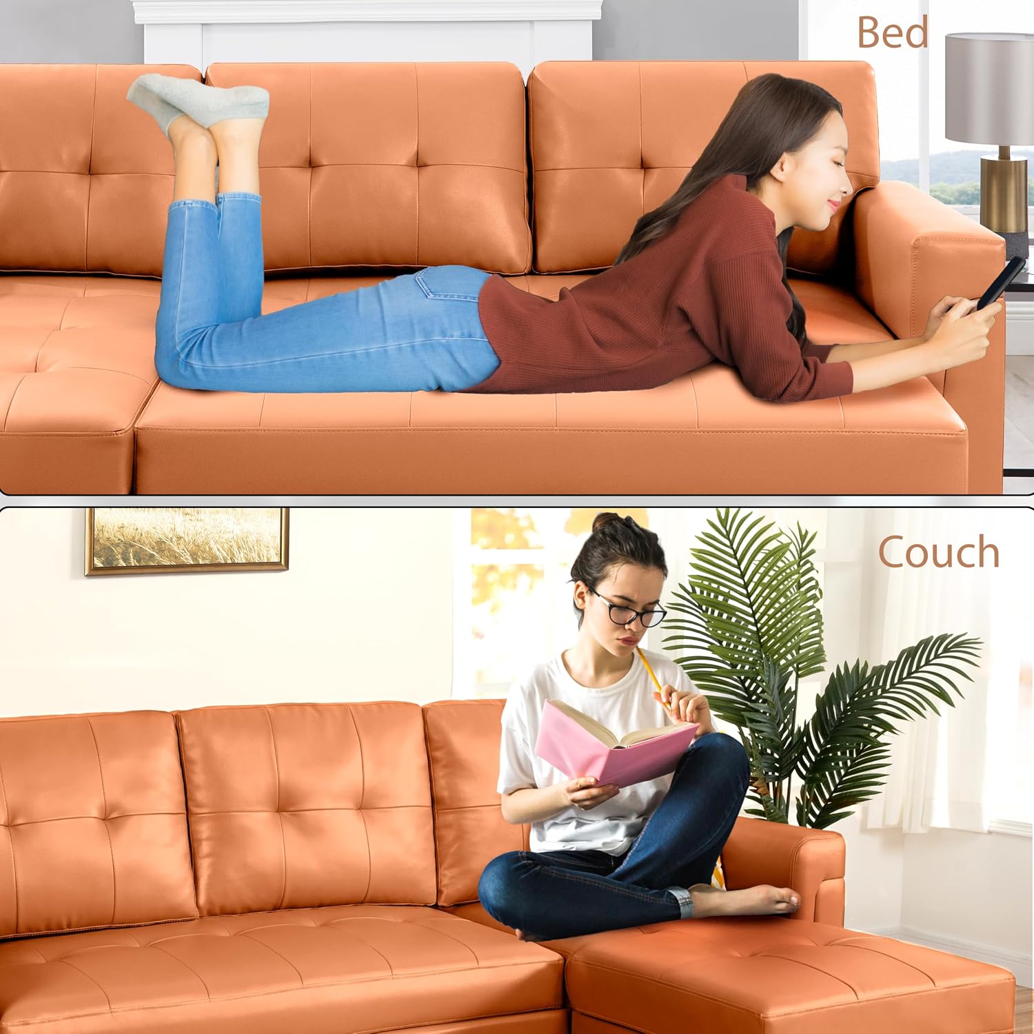 Naomi Home L Shaped Sectional Couch with Storage & Pull Out Bed – 3-in-1 Convertible Sleeper Sofa Bed, Small L Shape Sofa for Living Room, Sofa Bed with Storage Chaise in Caramel, Air Leather