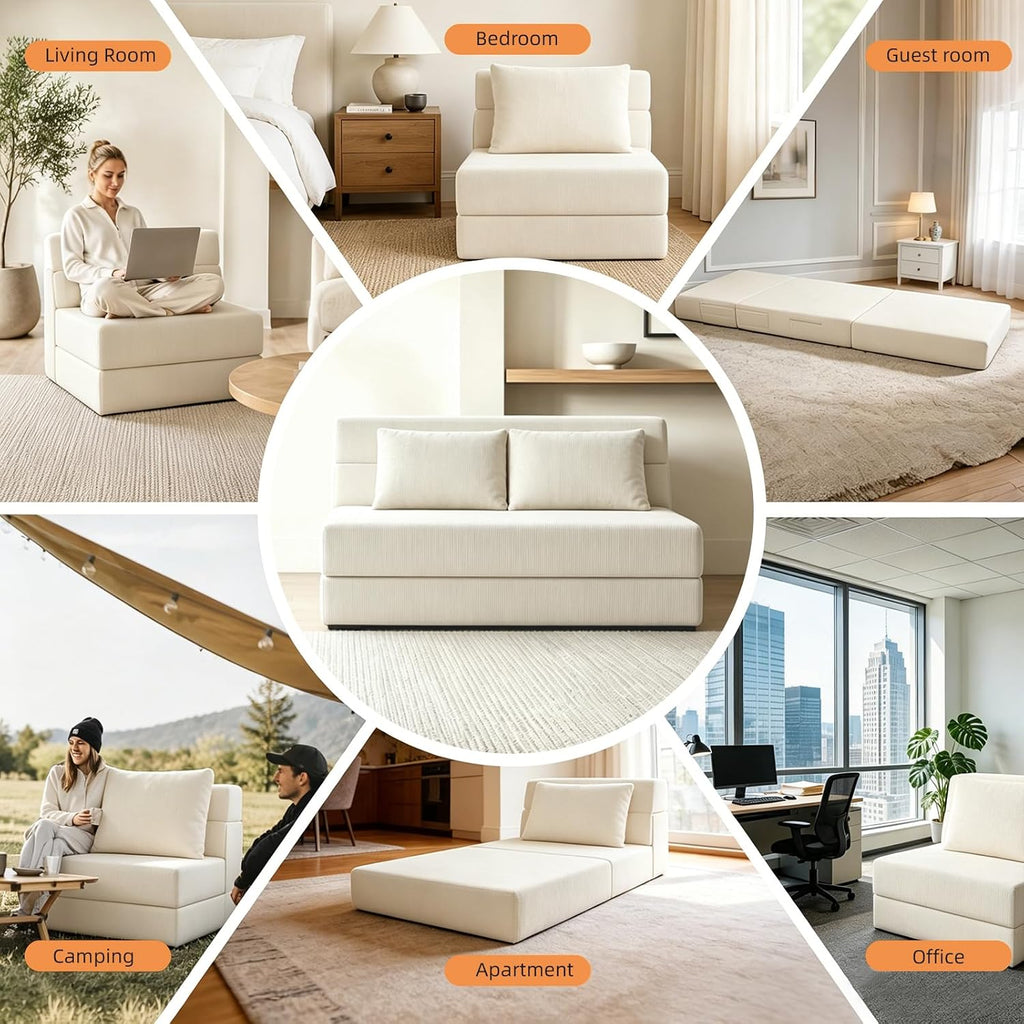 Folding Sofa Bed,Convertible Sleeper Chair with Pillow, Loveseat Fold Out Chair Bed, Memory Foam Floor Couch Mattress, Foldable Futon Couch Lounge for Living Room (Beige-Corduroy, Twin XL)