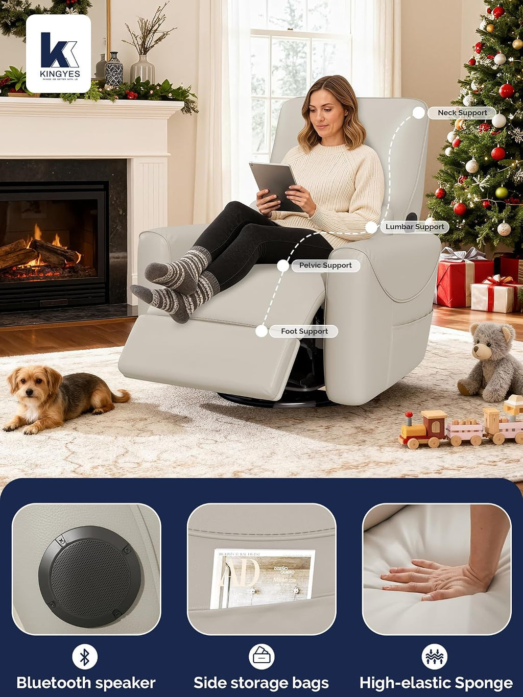 KINGYES Nursery Recliner Rocking Chair, 270° Swivel Glider, with Bluetooth Speaker & USB-C Port, Faux Leather Nursery Rocking Chair, Gray