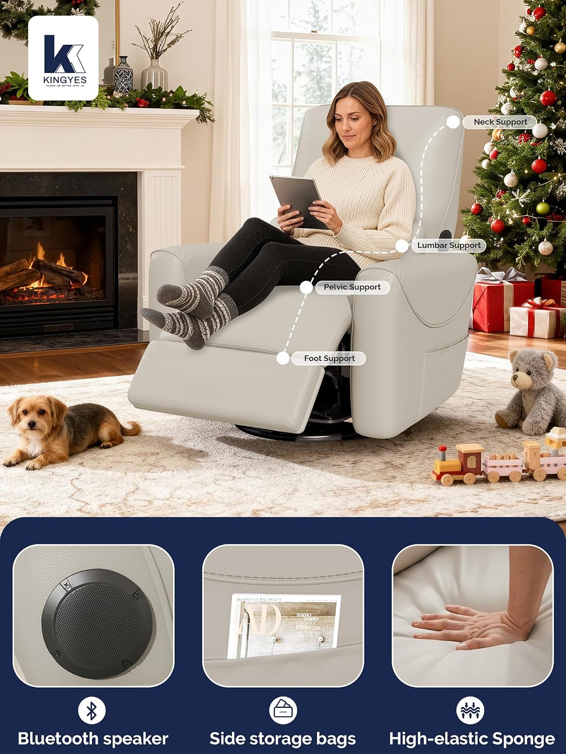KINGYES Nursery Recliner Rocking Chair, 270° Swivel Glider, with Bluetooth Speaker & USB-C Port, Faux Leather Nursery Rocking Chair, Gray