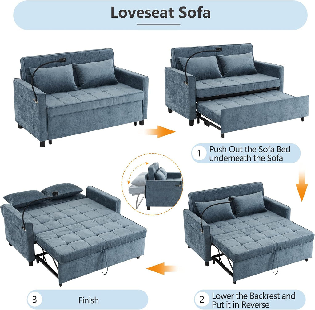 Merax Pull-Out Sleeper Sofa Bed with Reversible Backrest and Two Throw Pillows, 3 in 1 Foton Couch with USB Ports & Phone Holder, Chenille Loveseat for Living Room, Blue