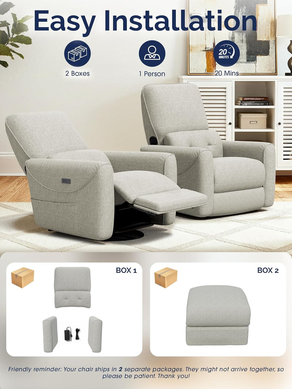 KINGYES Power Recliner Chair, 270° Swivel Glider, Living Room Recliner with USB-C Port, Nursery Rocking Chair, Gray
