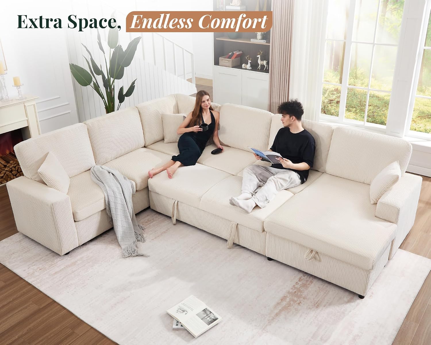 Jocisland 130' Sofa Bed, Sleeper Sofa, Pull Out Sleeper Couch with Storage, Convertible 6-Seater Sofa Bed for Living Room, Corduroy Beige
