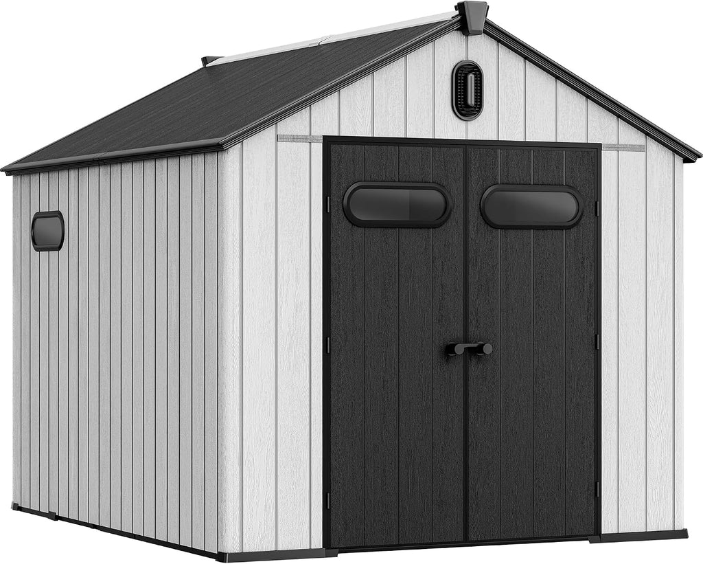 YITAHOME 8x10ft Resin Storage Shed, Extra Thick Outdoor Plastic Garden Storage Unit with Oval Vision Windows & Lockable Doors, 16mm Heavy Duty Waterproof Tool Sheds with Floor for Lawn Equipment, Gray