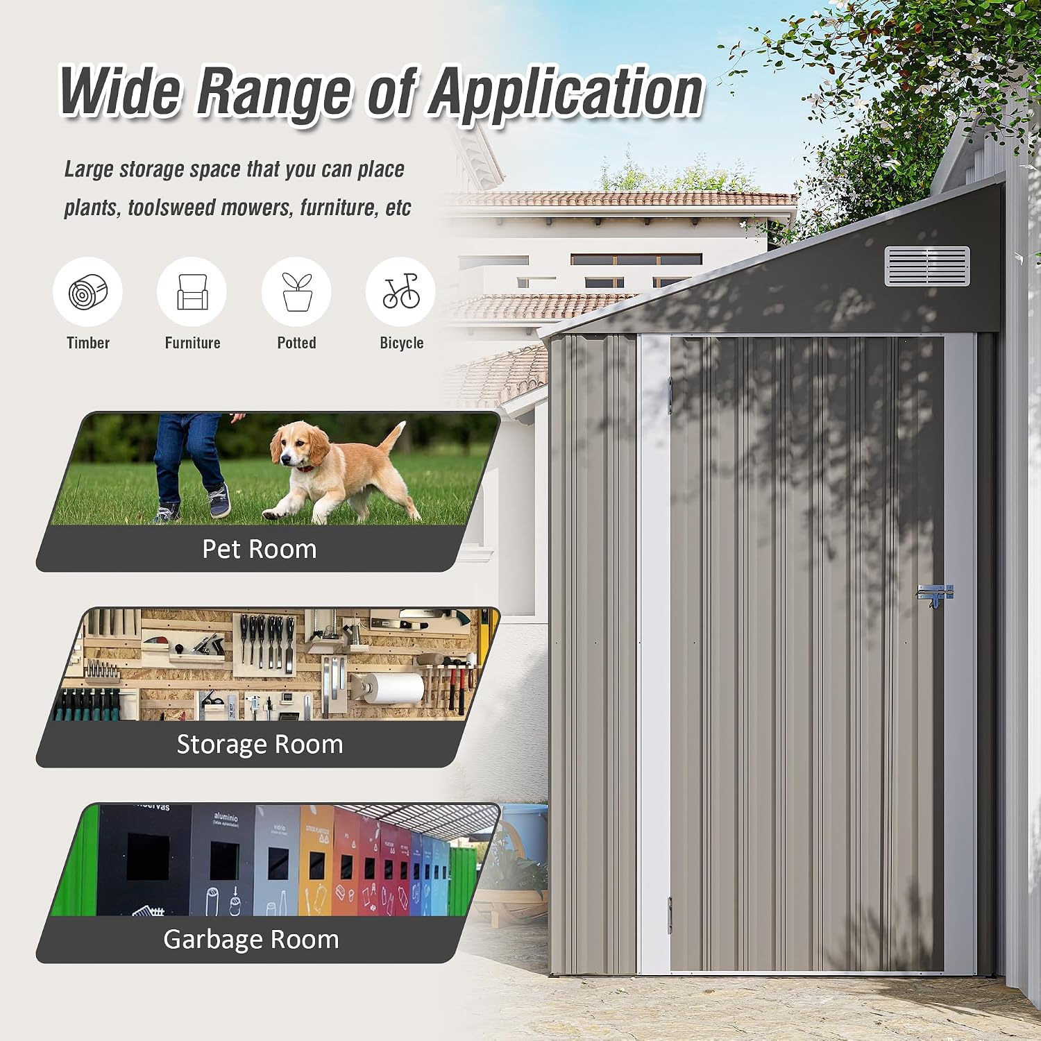4x8 FT Metal Outdoor Storage Shed, Lean-to Garden Tool and Bike Shed with Lockable Door and Air Vents, Waterproof Sloped Roof Steel Utility Shed for Backyard, Patio,Lawn Equipment, Dark Gray