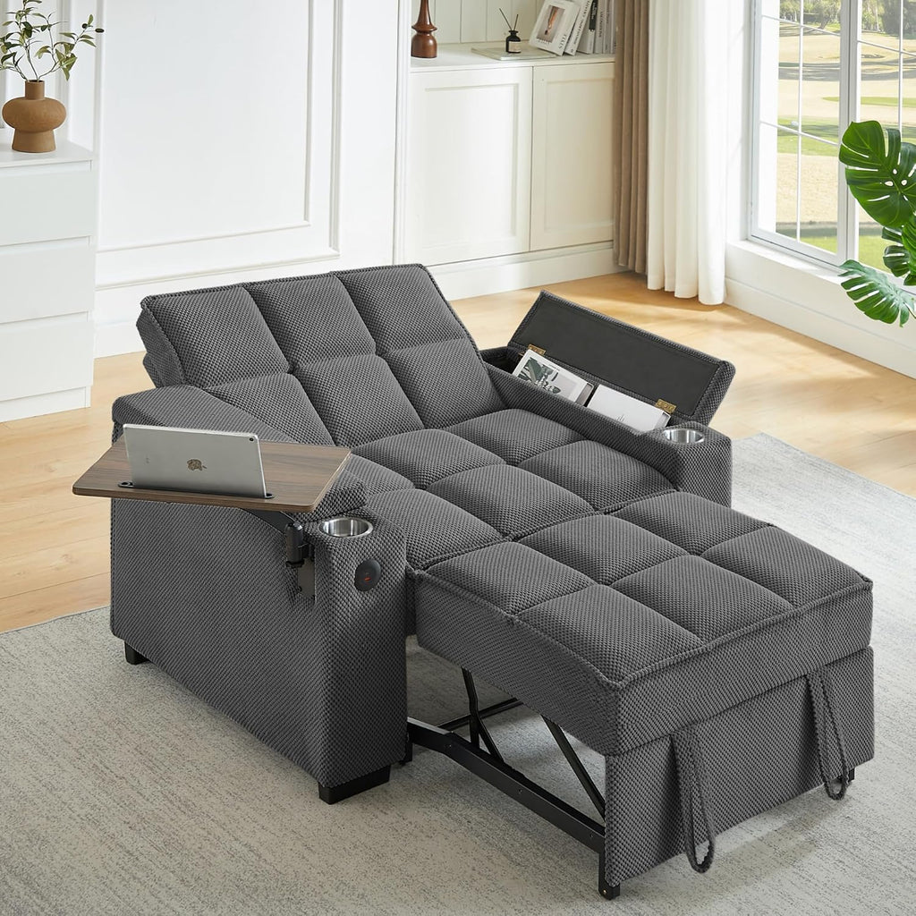 Large Size Convertible Sleeper Chair Futon Sofa Bed, Comfortable thick cushion Single Sleeper Sofa Handheld storage and Adjustable Backrest | Reading Chair with Rotating small table (dark gray)