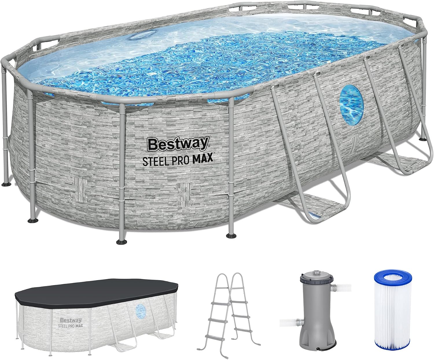 Bestway Power Steel Swim Vista 14' x 8'2' x 39.5' Above Ground Pool, Oval Metal Frame Outdoor Swimming Pool Set with Filter Pump, Ladder, and Cover