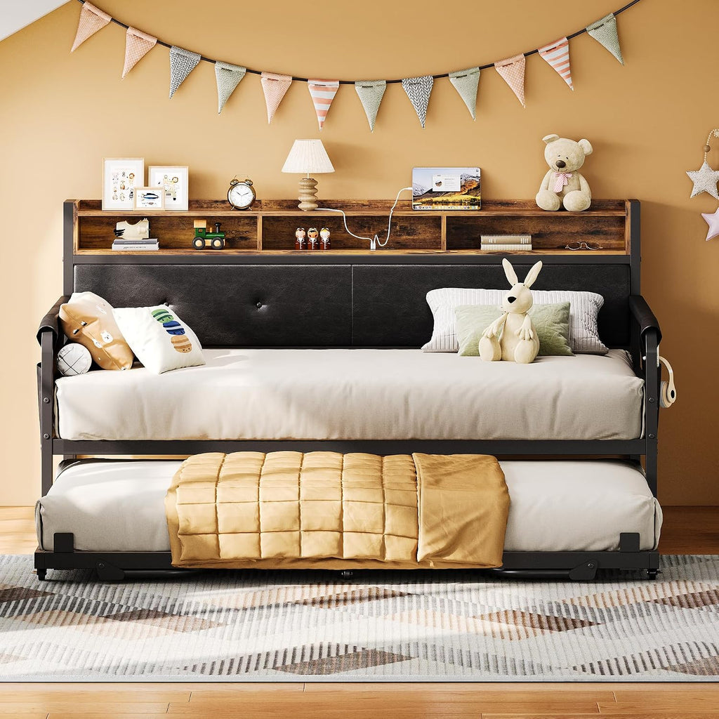 LIKIMIO Daybed with Trundle, Twin Bed Frame with Upholstered Headboard and Charging Station, Sofa Day Bed with Strong Supports for Living Room, Bedroom and Guest Room, Dark Black