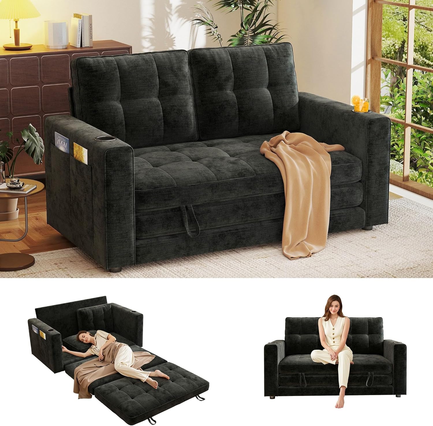 55' Convertible Folding Sofa Bed, Pull Out Couch Love Seat Sleeper Bed, Small Fold Out Loveseat Sleeper with Cup Holder and Pillow for Small Space, Bedroom Lounge, Dorm, Living Room(Black Chenille)