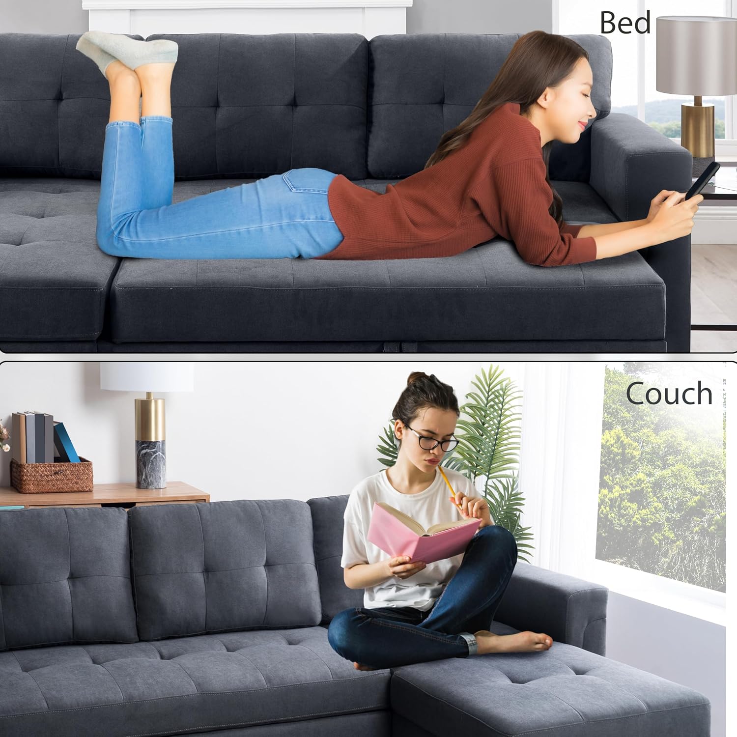 Naomi Home L Shaped Sectional Couch with Storage & Pull Out Bed – 3-in-1 Convertible Sleeper Sofa Bed, Small L Shape Sofa for Living Room, Sofa Bed with Storage Chaise in Dark Gray, Velvet
