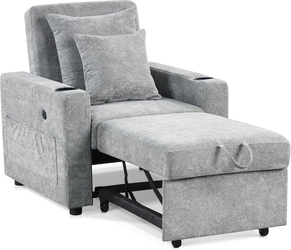 MCombo Convertible Sleeper Chair Bed, 3-in-1 Folding Sofa Chair with Adjustable Backrest, Pull-Out Bed with USB Port, Cup Holders, Linen Fabric, for Small Spaces Living Room Guest Room Office VN6001