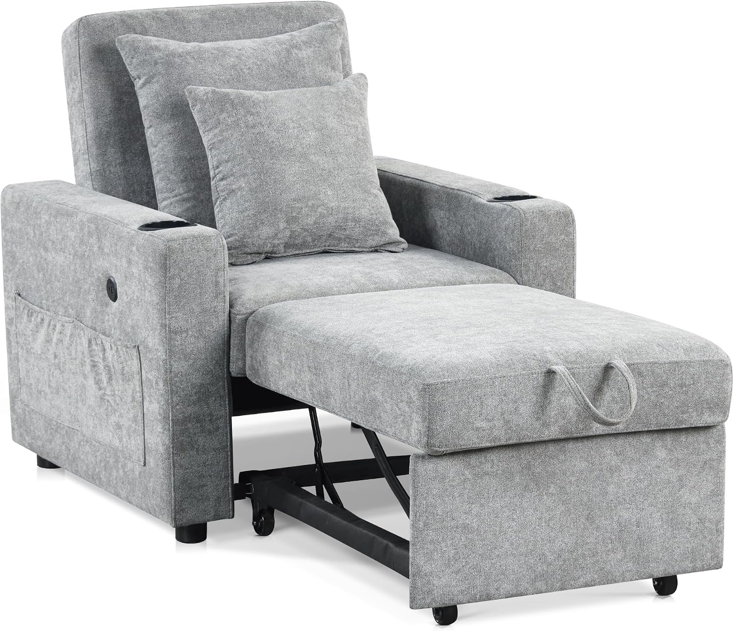 MCombo Convertible Sleeper Chair Bed, 3-in-1 Folding Sofa Chair with Adjustable Backrest, Pull-Out Bed with USB Port, Cup Holders, Linen Fabric, for Small Spaces Living Room Guest Room Office VN6001
