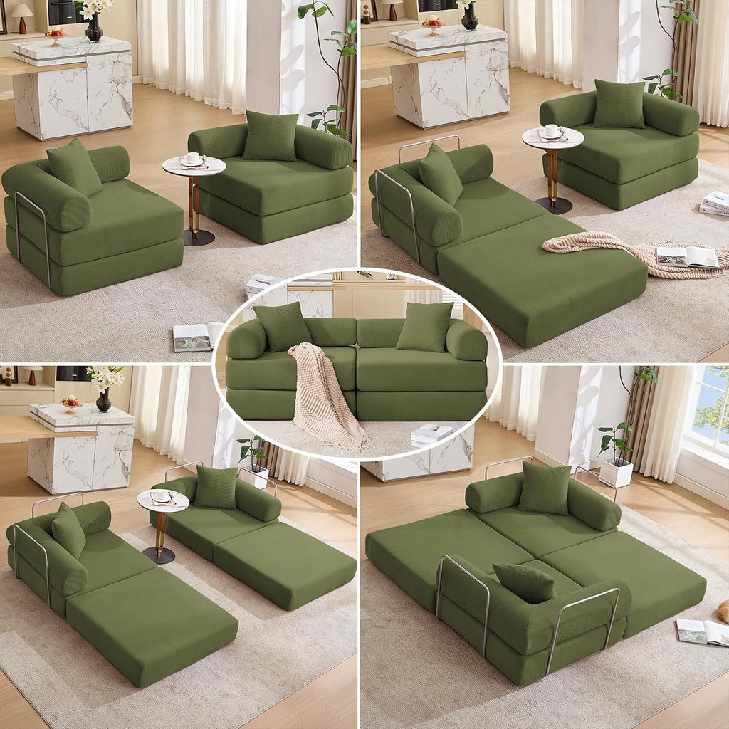 73' Convertible Modular Folding Sofa Bed, 5-in-1 DIY Combination Fold Out Sleeper Sofa Bed, Loveseat sleeper Couch with Removable Armrests, Corduroy Floor Couch, Small couches for small spaces, Green