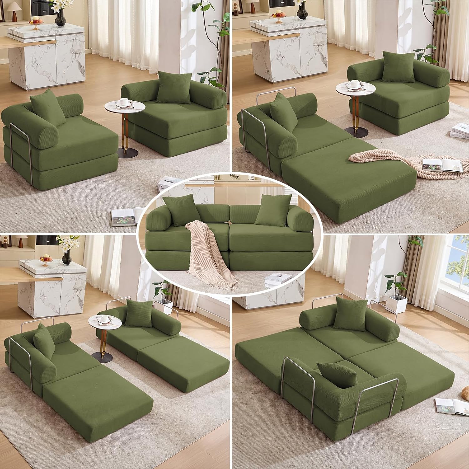 73' Convertible Modular Folding Sofa Bed, 5-in-1 DIY Combination Fold Out Sleeper Sofa Bed, Loveseat sleeper Couch with Removable Armrests, Corduroy Floor Couch, Small couches for small spaces, Green