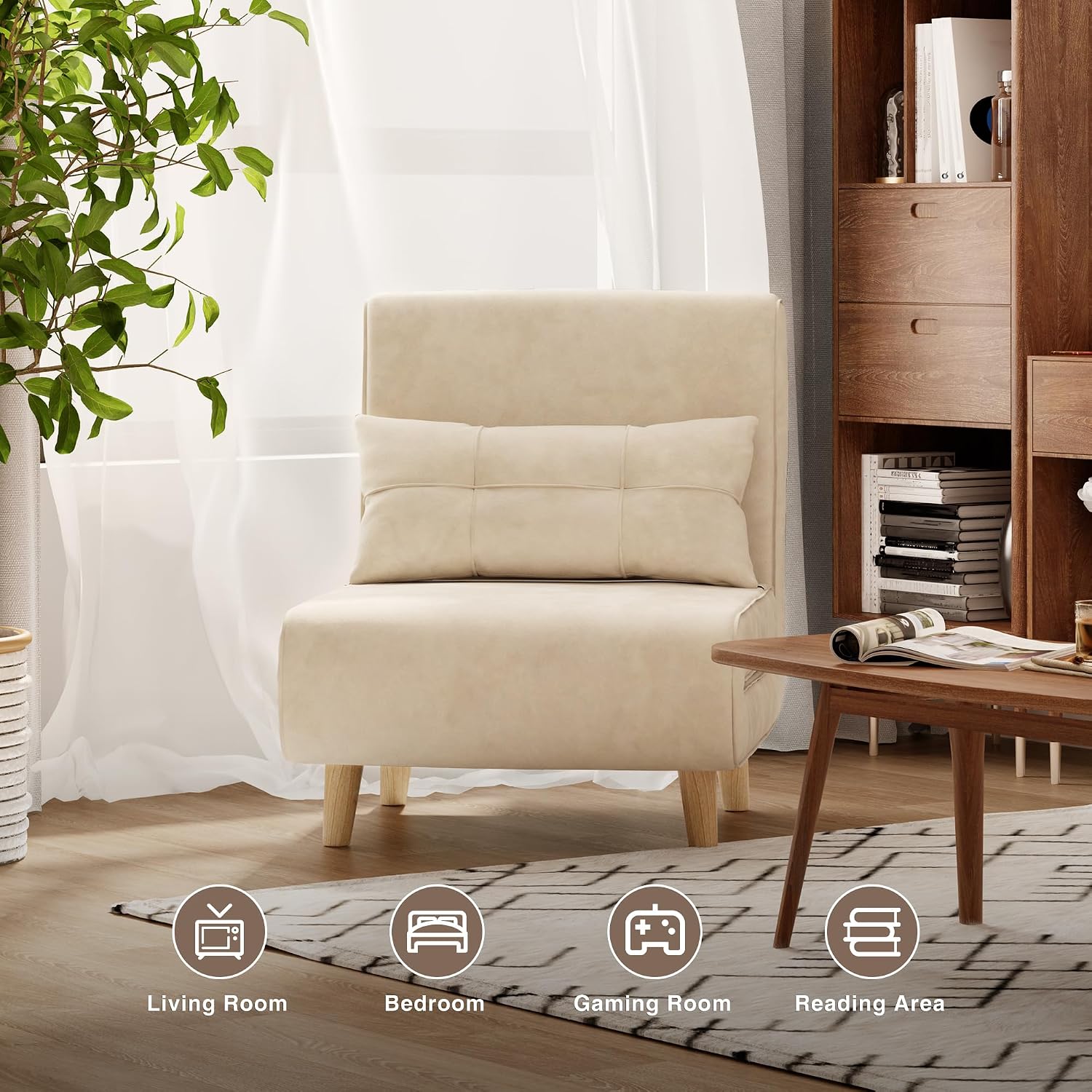 Aiho Futon Sofa Bed, 3-in-1 Convertible Sleeper Chair Bed, Futon Chair with 6-Level Adjustable Backrest and Pillow for Guest Room Apartment Dorm, Velvet Beige