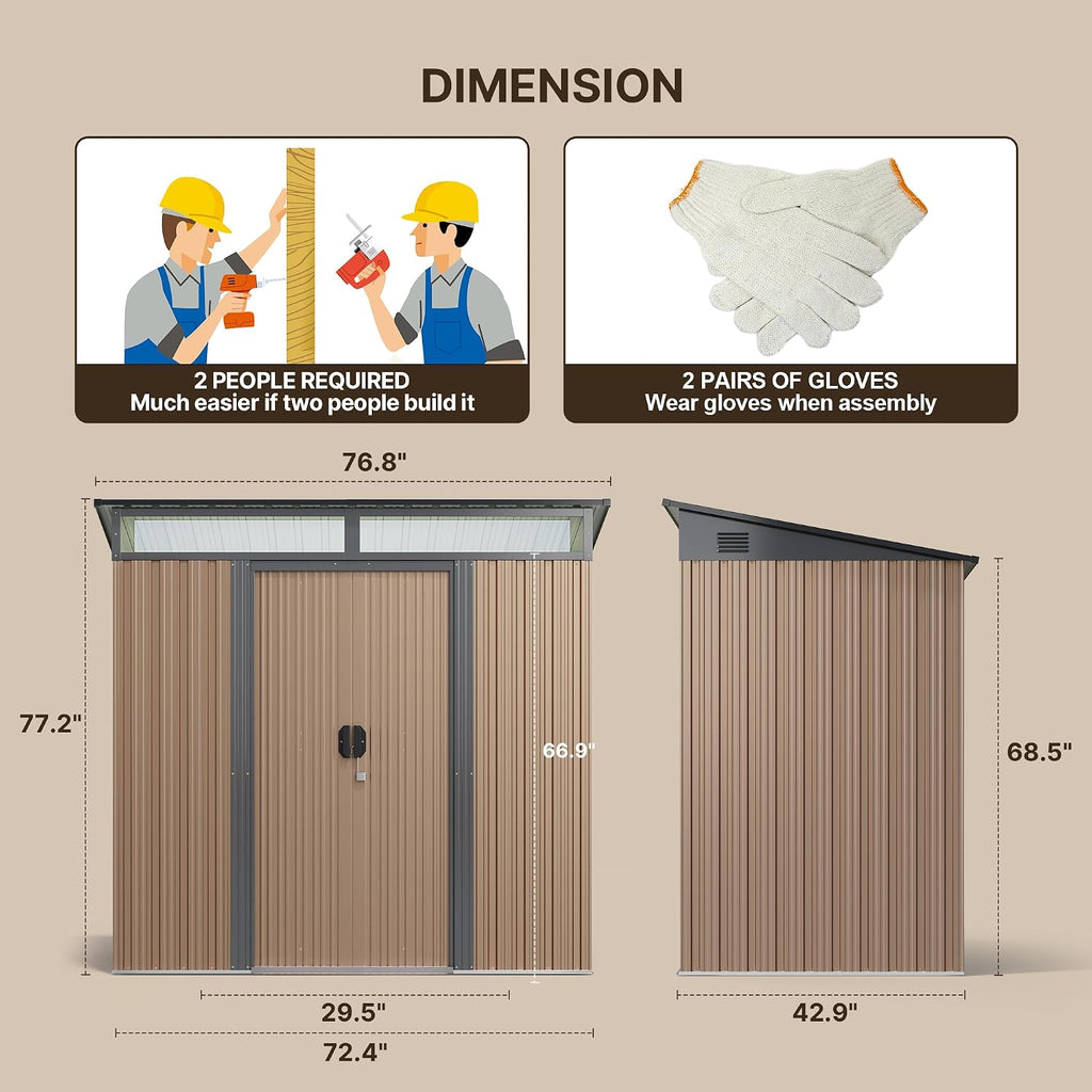 Gizoon 6'x4' Outdoor Storage Shed Metal Garden Shed with Sliding Lockable Doors, Versatile Tool Bike Shed with Transparent Panel Windows, Outdoor Storage Clearance for Backyard, Patio, Light Brown