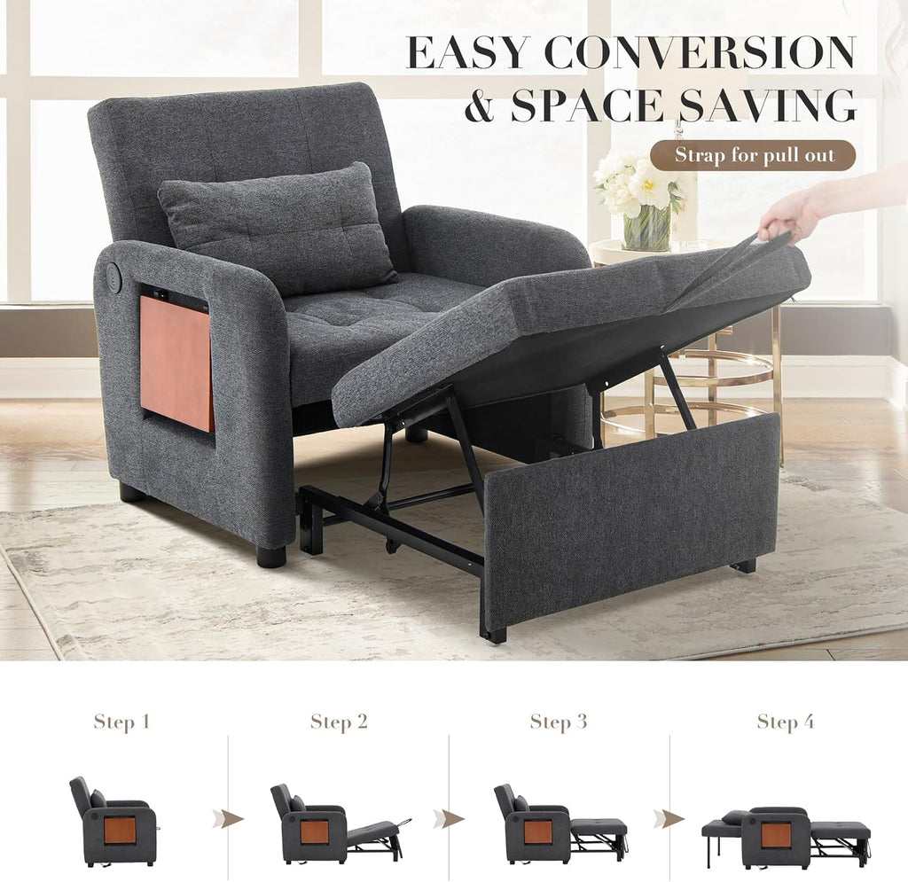 COLAMY Convertible Sleeper Chair-Fabric Futon Sofa Bed, Single Sleeper Sofa, Small Couch Bed with USB Port, Foldable Table, Pillow, Adjustable Backrest for Dorm/Bedroom/College Darkgrey