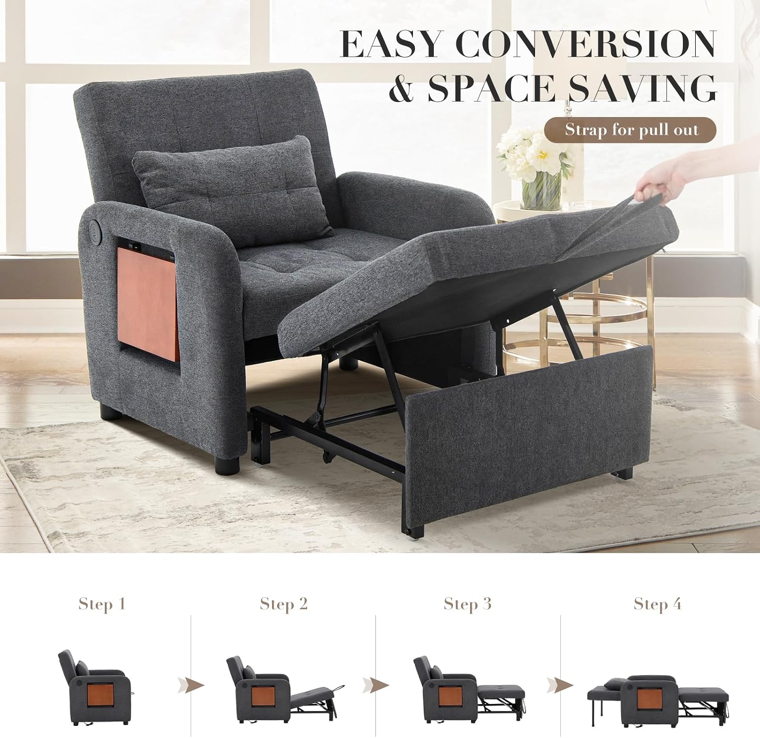 COLAMY Convertible Sleeper Chair-Fabric Futon Sofa Bed, Single Sleeper Sofa, Small Couch Bed with USB Port, Foldable Table, Pillow, Adjustable Backrest for Dorm/Bedroom/College Darkgrey