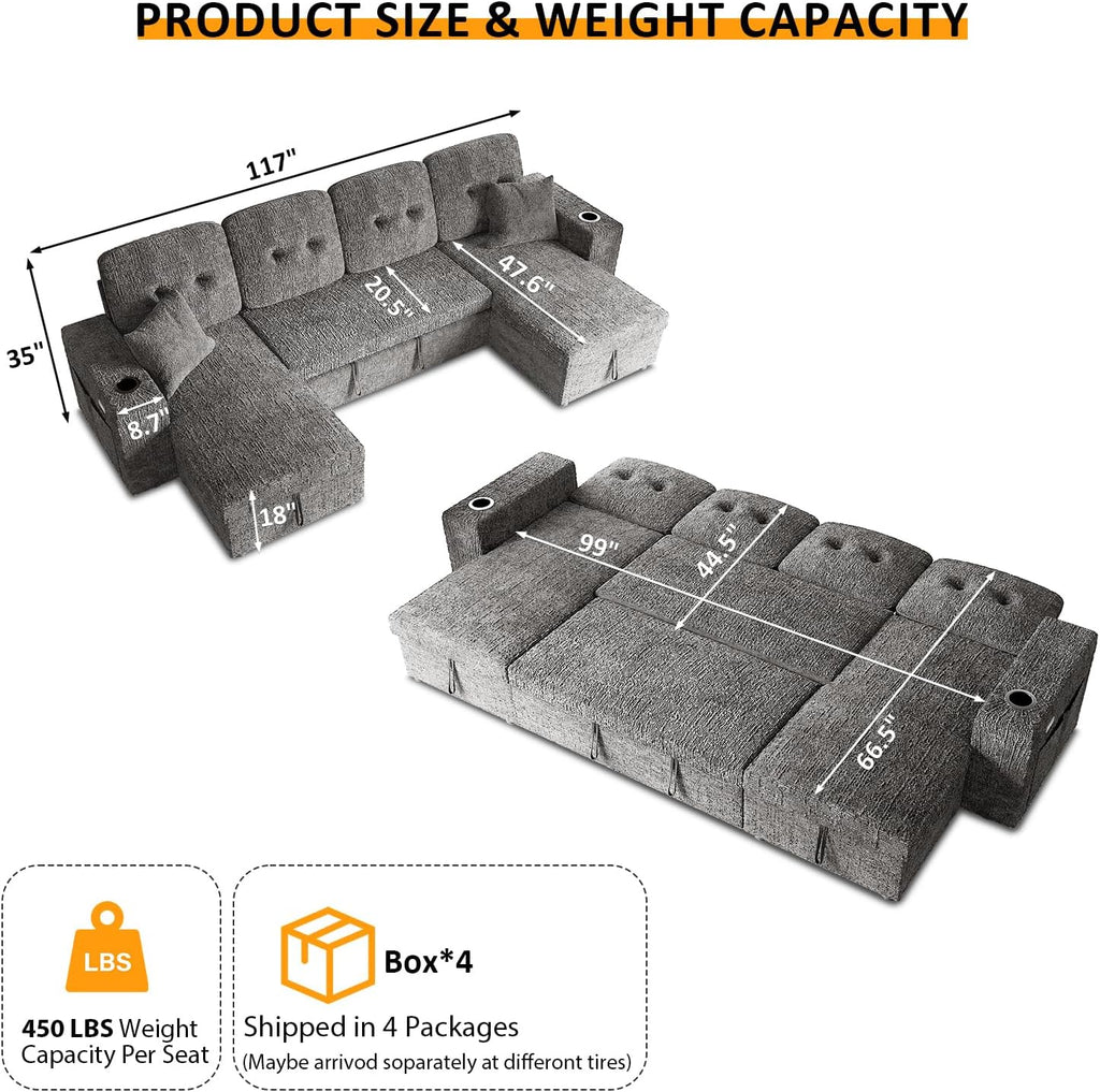 117' Sleeper Sofa Bed, U-Shaped Sofa with Dual Reversible Storage Chaise | Adjustable Backrest | Wide Armrest, Sectional Couches for Living Room, 4 in 1 Pull Out Couch Bed, Grey Chenille