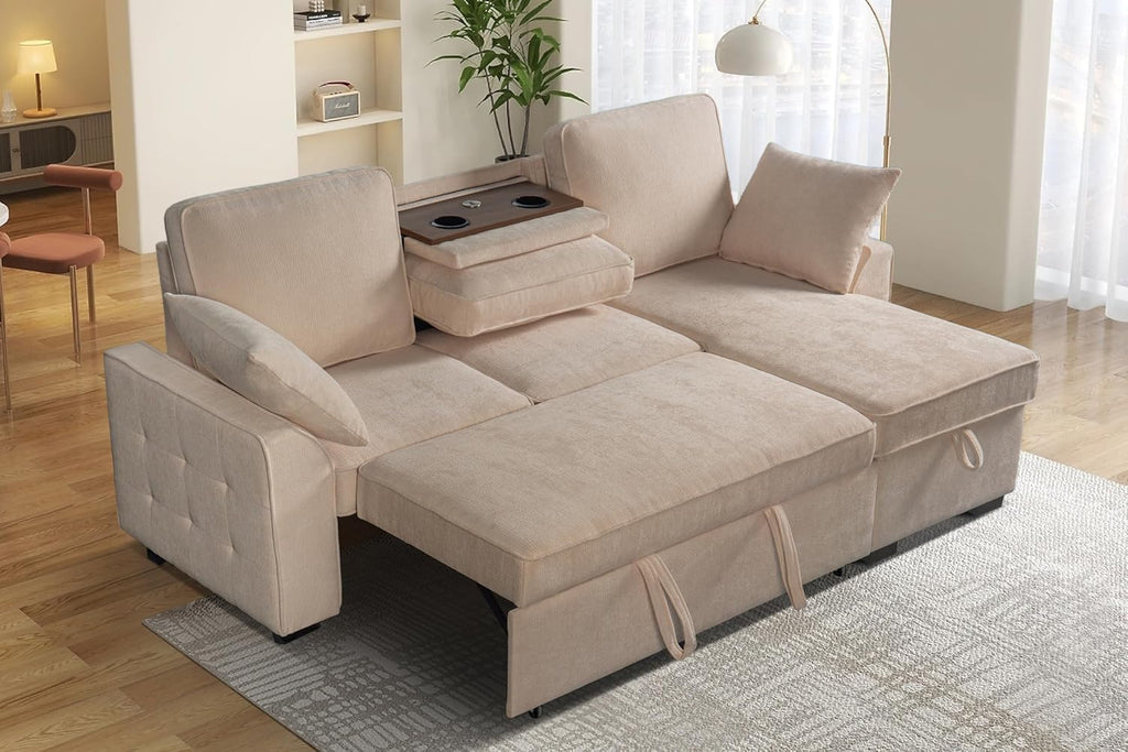 Ball & Cast L-Shape Reversible Sectional Sleeper Sofa Bed 4 in 1 Pull Out Couch with Storage Chaise,Cup Holders & USB Ports,Convertible Sleeper Corner Couch Pull-Out Sofa Bed for Living Room,Office