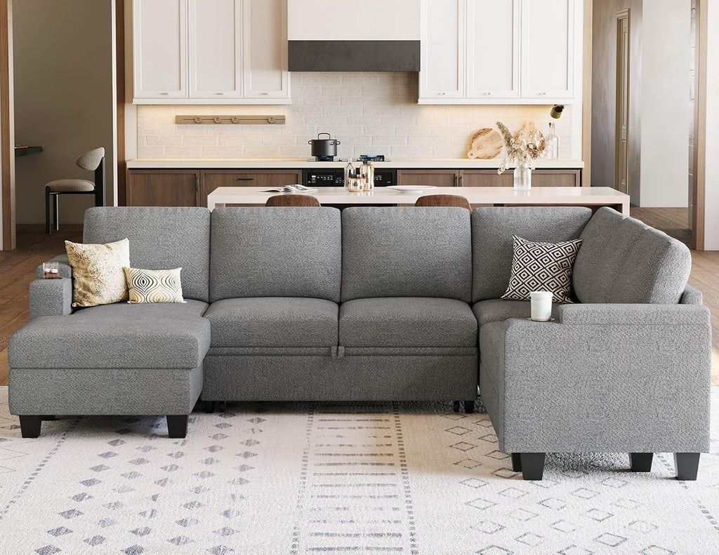 Belffin Sleeper Sofa Modular Sectional Pull Out Couch Bed U Shaped Sofa Couch for Living Room with Storage Chaise. Light Gery