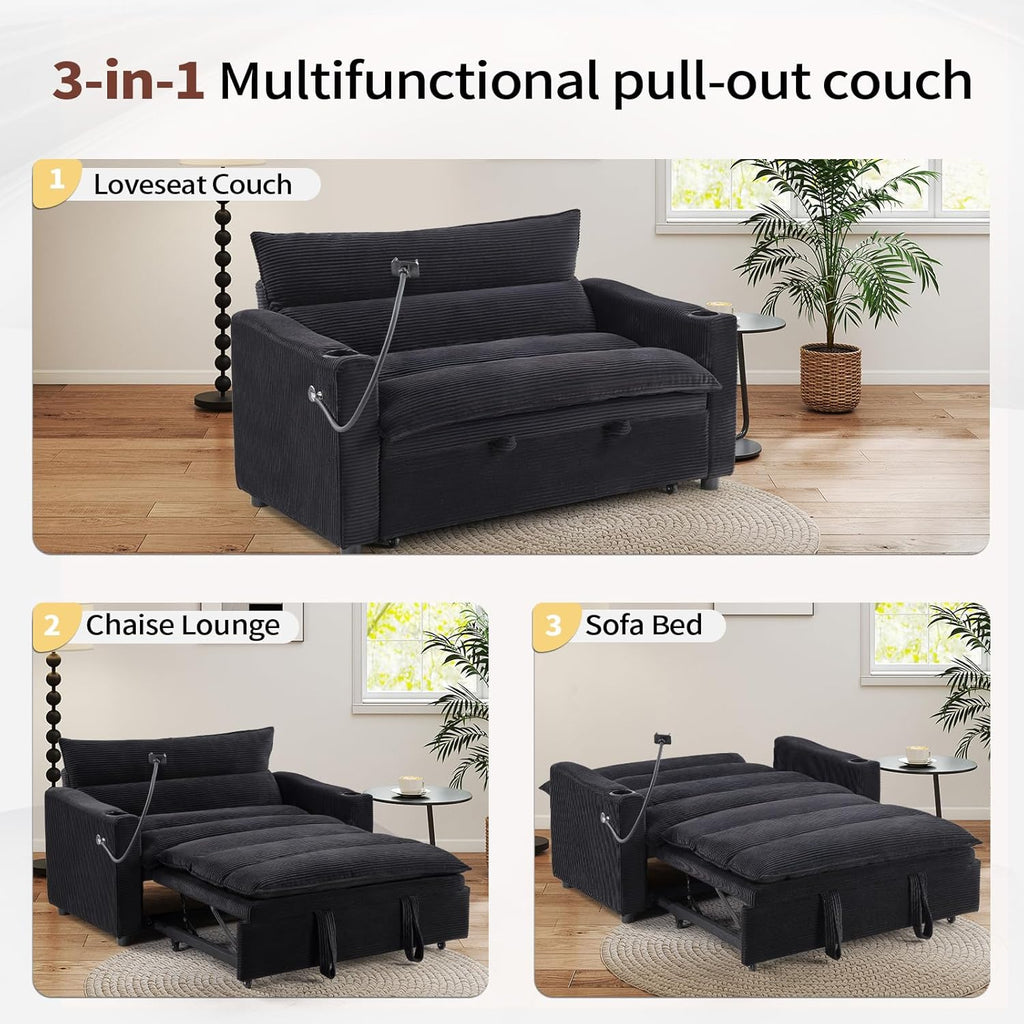 HAOMARKETS 3-in-1 Convertible Loveseat Sleeper Sofa Bed, 2-Seat Pull Out Couch with Cup Holders, Phone Holder and USB Ports, Corduroy 3-Level Adjustable Backrest Couches for Living Room, Black