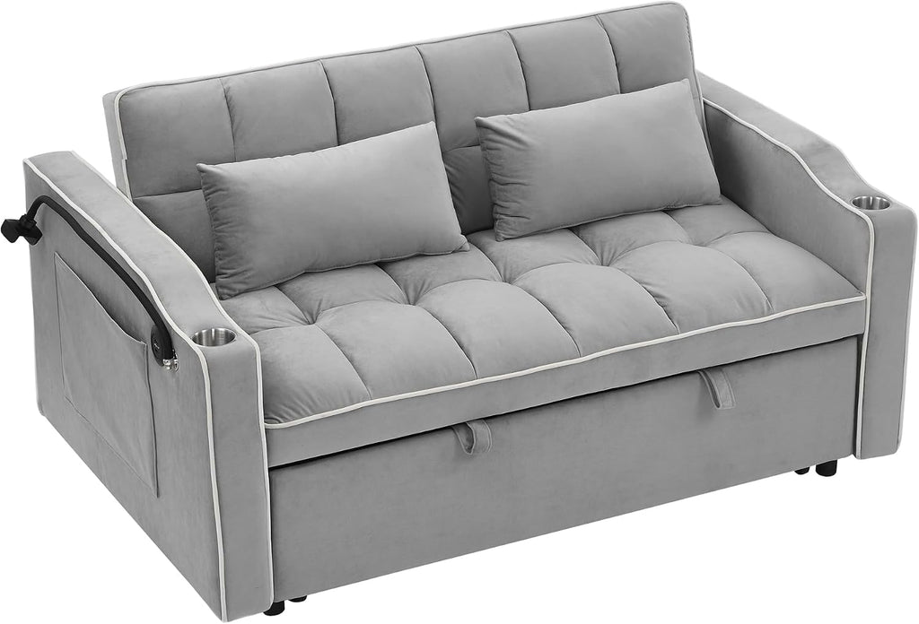 Merax Foldable Sofa Bed with 2 USB Charging Ports, Pull Out Velvet Loveseat Sleeper with Phone Holder, Modern Futon Couch with Cup Holders & Adjustable Backrest for Living Room,Grey