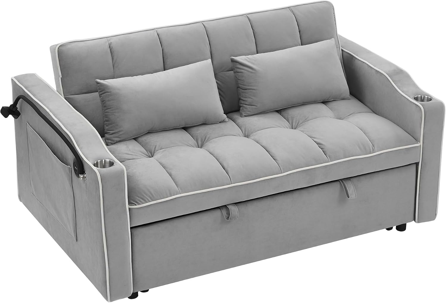 Merax Foldable Sofa Bed with 2 USB Charging Ports, Pull Out Velvet Loveseat Sleeper with Phone Holder, Modern Futon Couch with Cup Holders & Adjustable Backrest for Living Room,Grey
