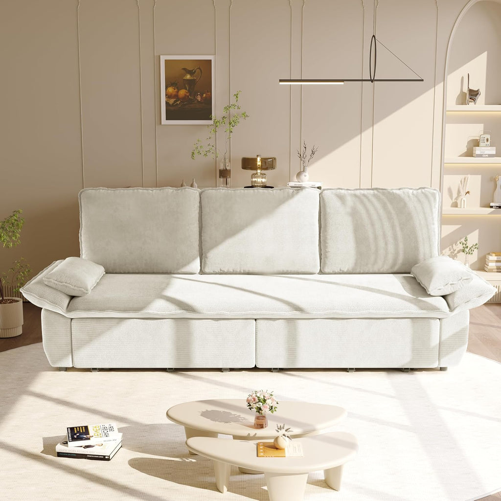 KEIKI 94.5' King-Size 3-in-1 Convertible Sleeper Sofa, Oversized Pull-Out Couch with Cloud-Style Deep Seat, Corduroy Reclining Loveseat for Home Theater & Family Living